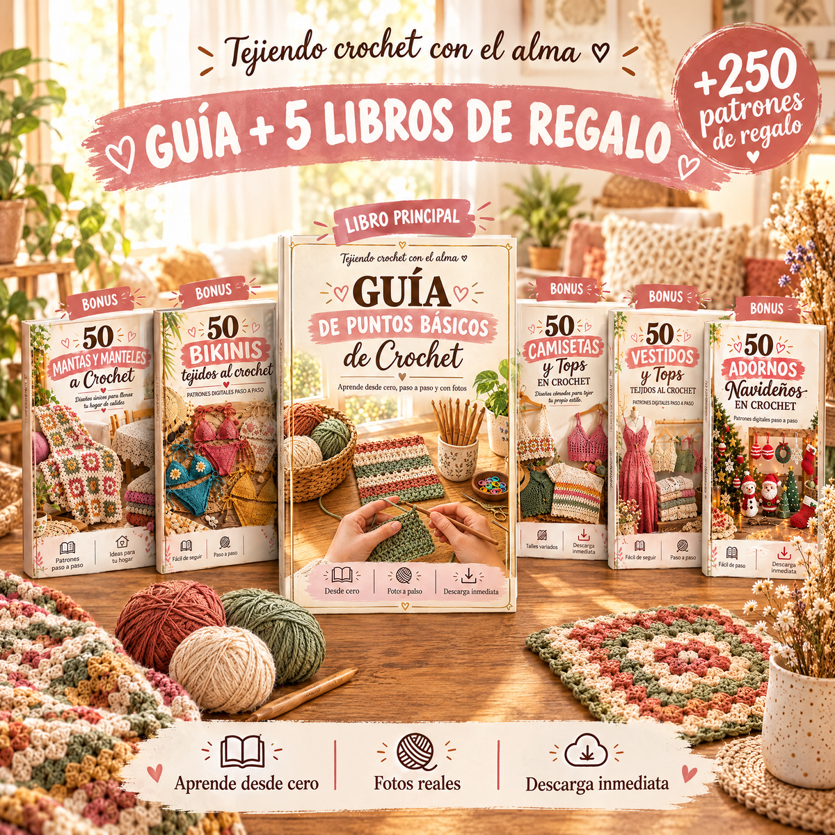 Guía de Puntos Básicos de Crochet y 5 libros de regalo